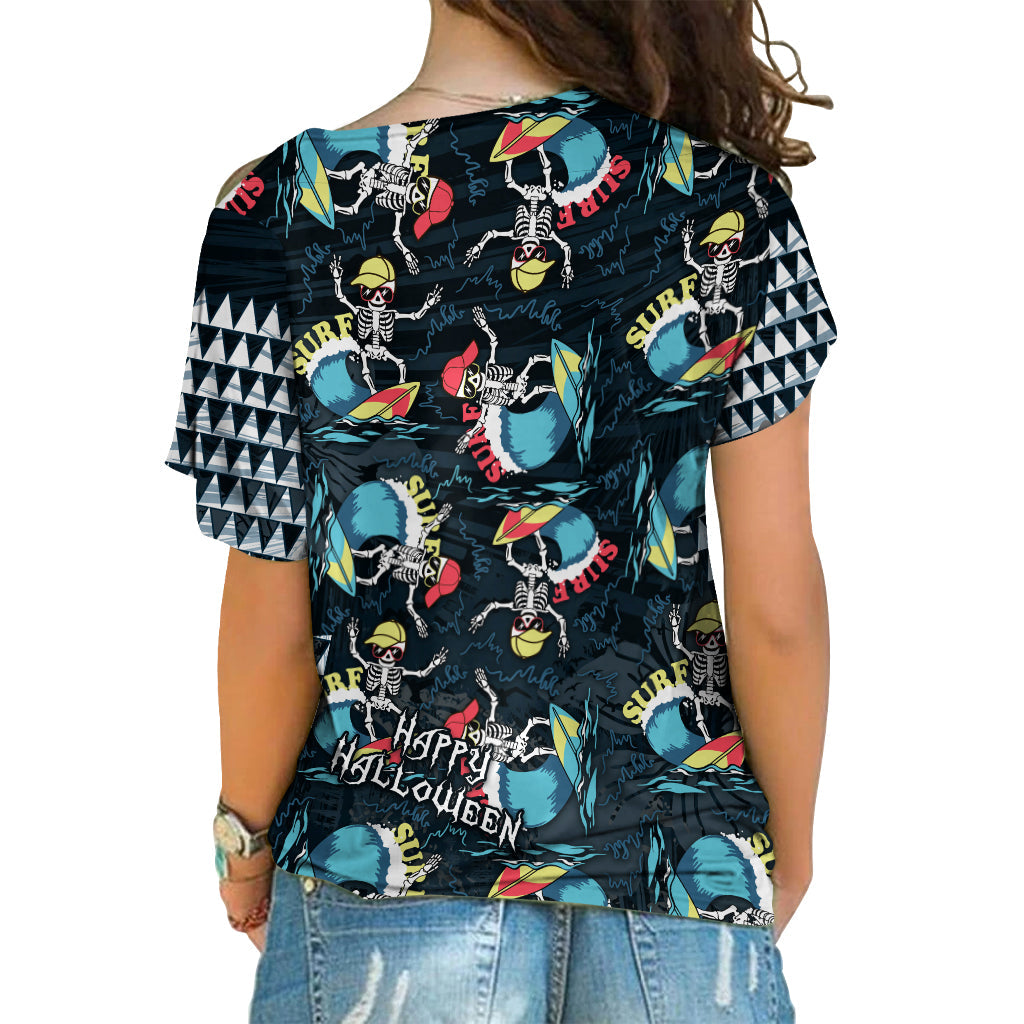 Hawaii Skeleton Surf Cross Shoulder Shirt Halloween Hawaiian Tribal LT13 - Polynesian Pride