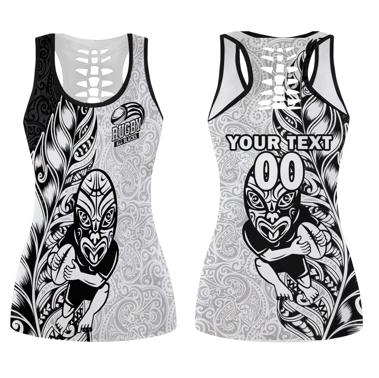 (Custom Personalised) New Zealand Maori All Black Rugby Hollow Tank Top - LT2 Female WHITE - Polynesian Pride