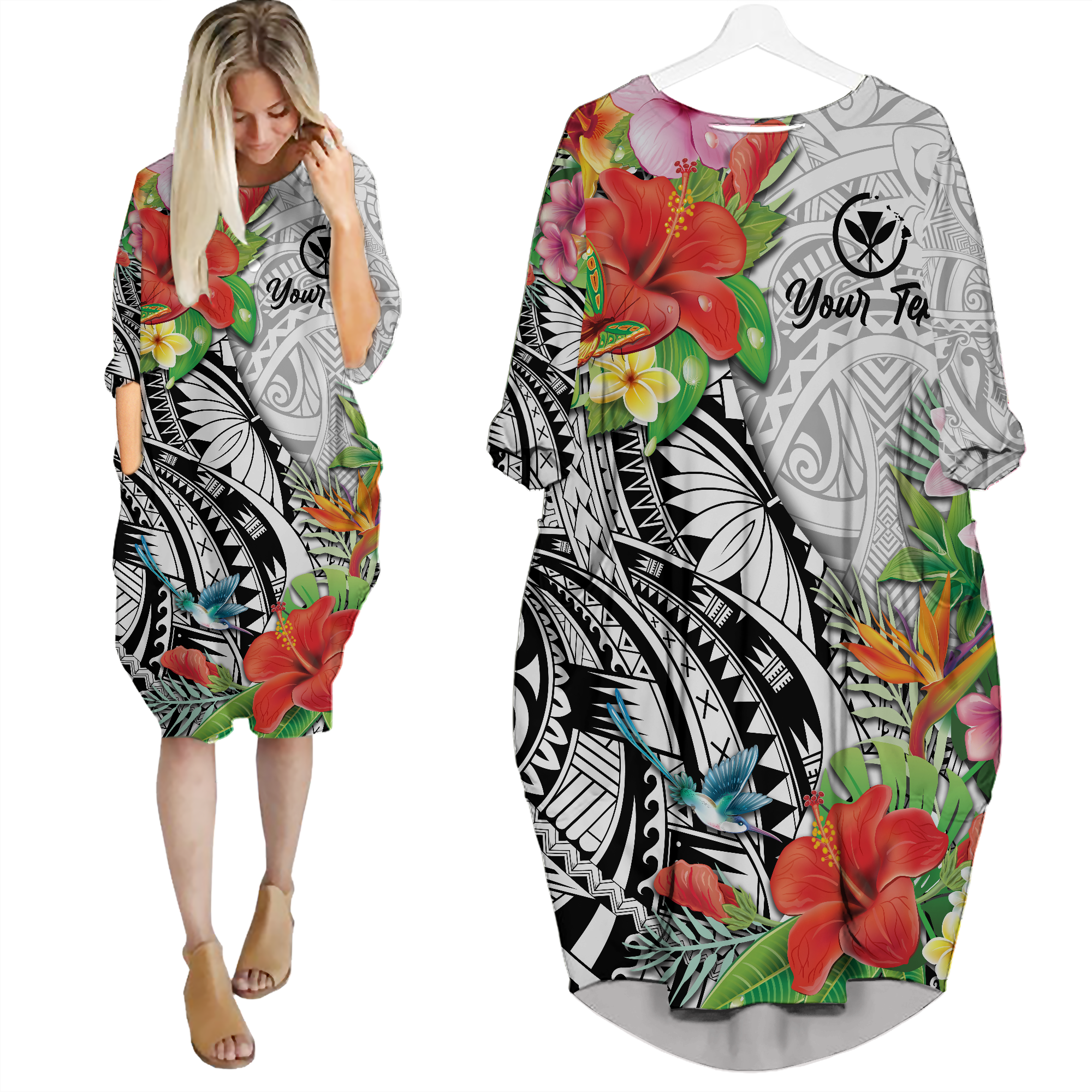 (Custom Personalised) Hawaii Hibiscus Kanaka Polynesia Batwing Pocket Dress - LT2 Women WHITE - Polynesian Pride