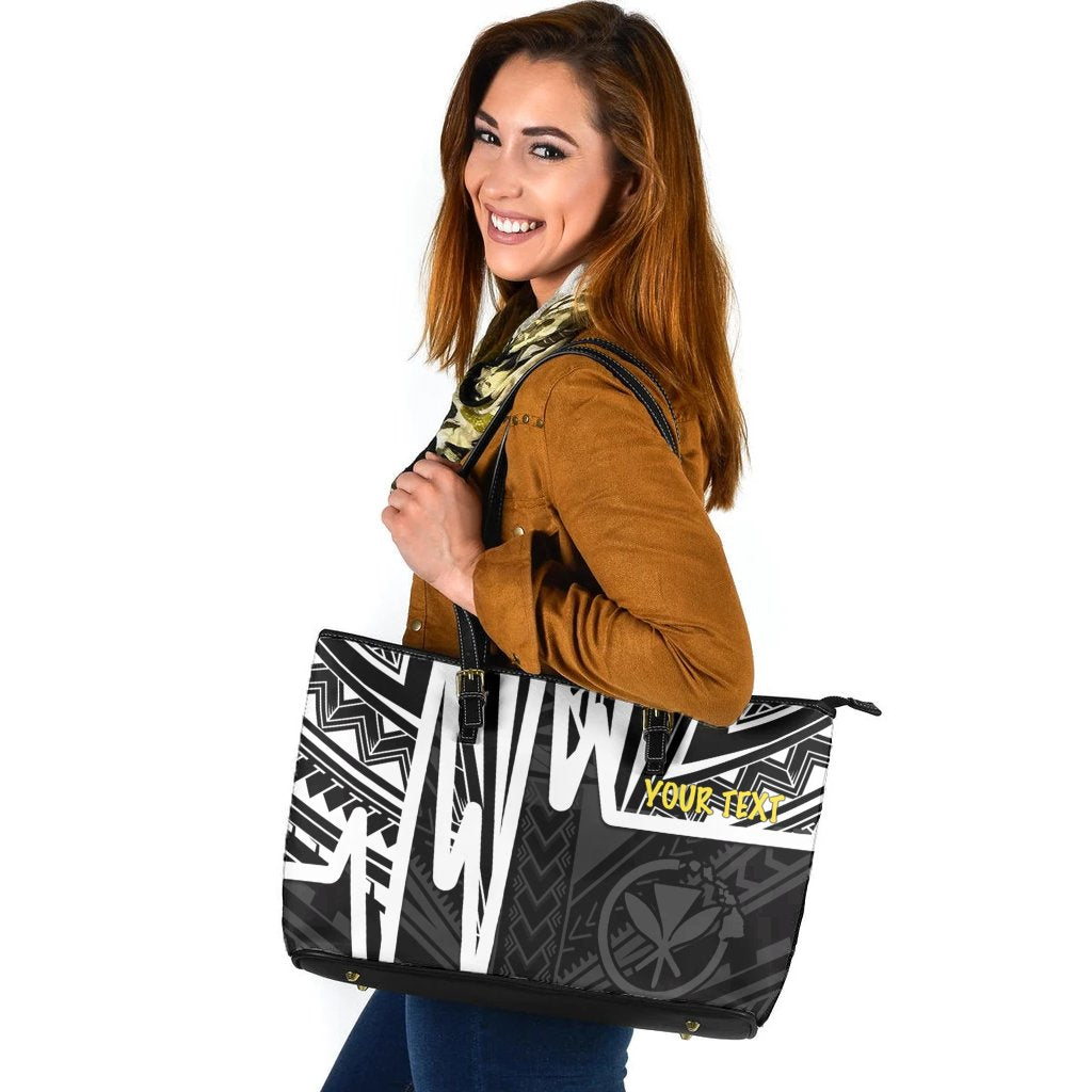 Hawaii Personalised Leather Tote Bag - Kanaka Maoli With Polynesian Pattern In Heartbeat Style (Black,White) White - Polynesian Pride