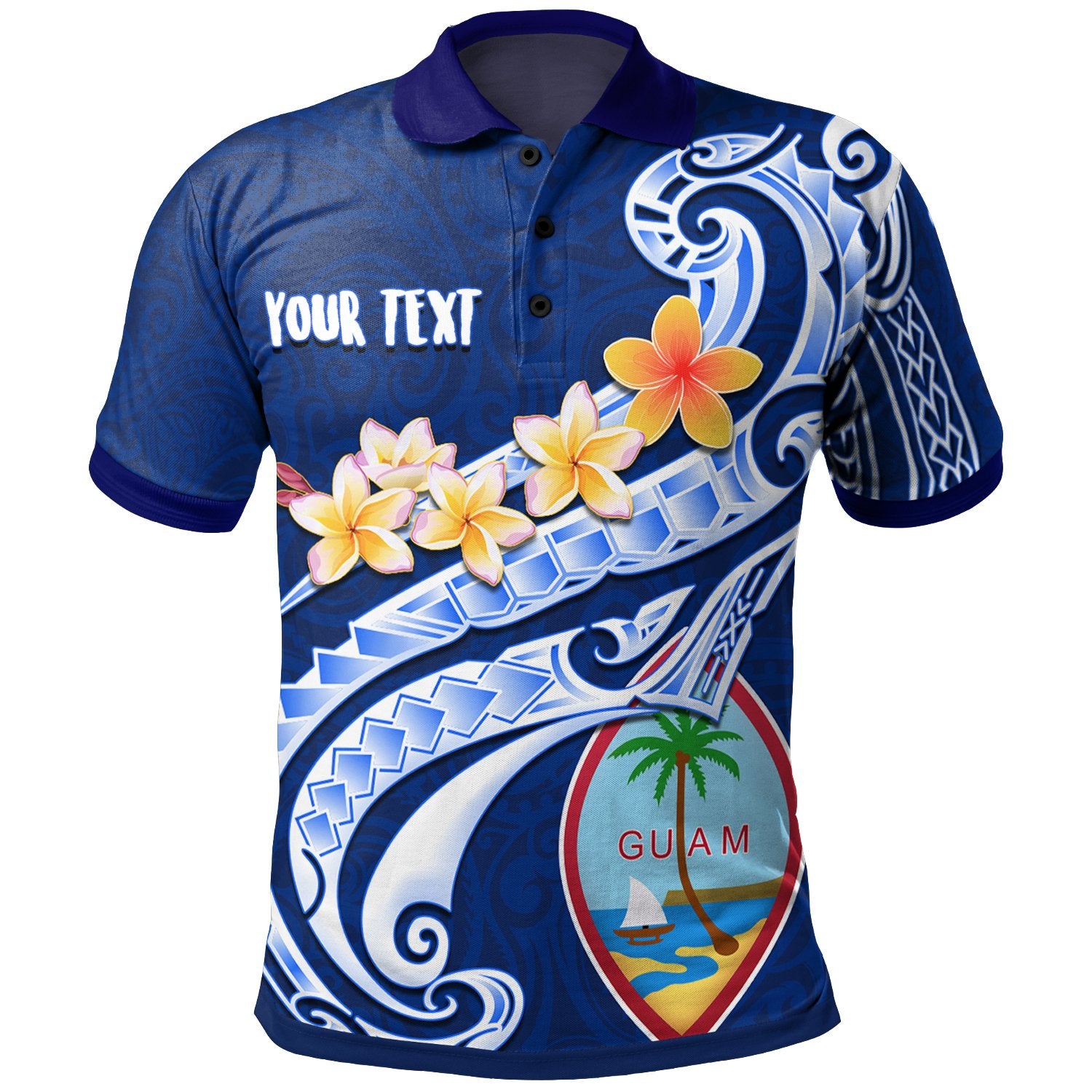 Guam Custom Polo Guam Seal Polynesian Patterns Plumeria (Blue) Blue - Polynesian Pride