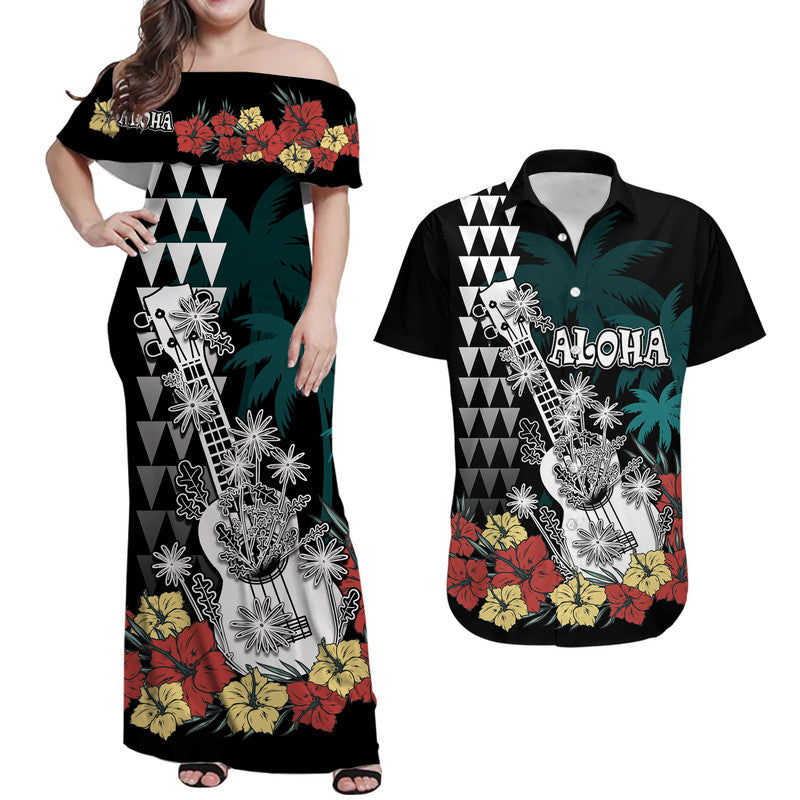 Hawaii Ukulele Mix Hibiscus and Coconut Tree Matching Dress and Hawaiian Shirt Aloha Vintage Black Version LT9 Black - Polynesian Pride