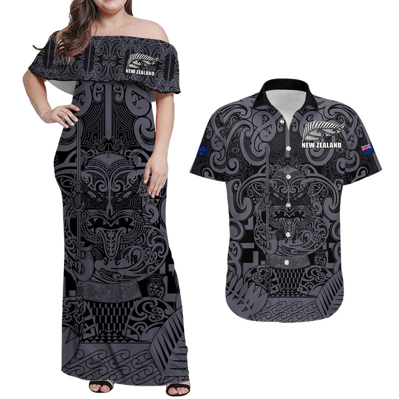 New Zealand Taiaha Maori Matching Dress and Hawaiian Shirt Minimalist Silver Fern All Black LT9 Black - Polynesian Pride