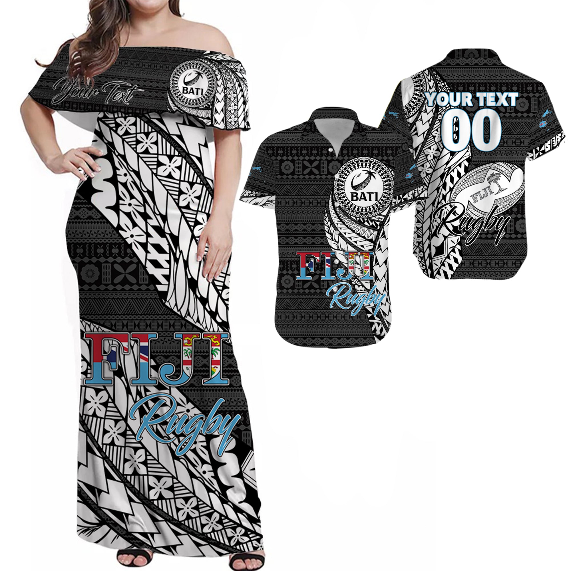 Custom Fiji Rugby Bati Tapa Pattern Polynesian Matching Hawaiian Shirt and Dress LT2 BLACK - Polynesian Pride