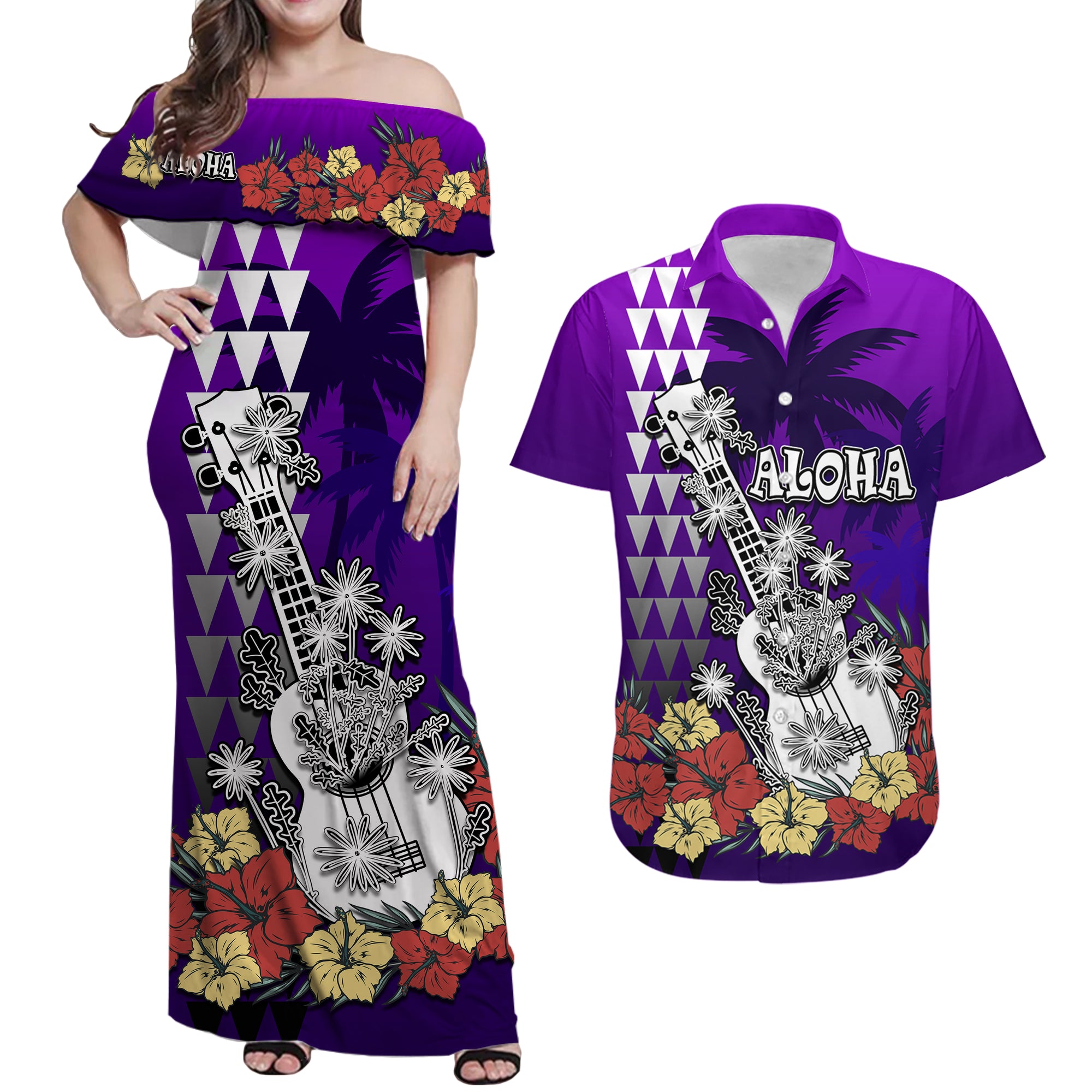 Hawaii Ukulele Mix Hibiscus and Palm Tree Matching Dress and Hawaiian Shirt Aloha Vintage Purple Version LT9 Black - Polynesian Pride