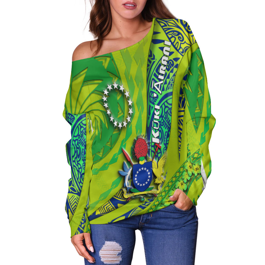 Cook Islands Women Off Shoulder Sweater Artsy Style - Green LT9 Women Green - Polynesian Pride