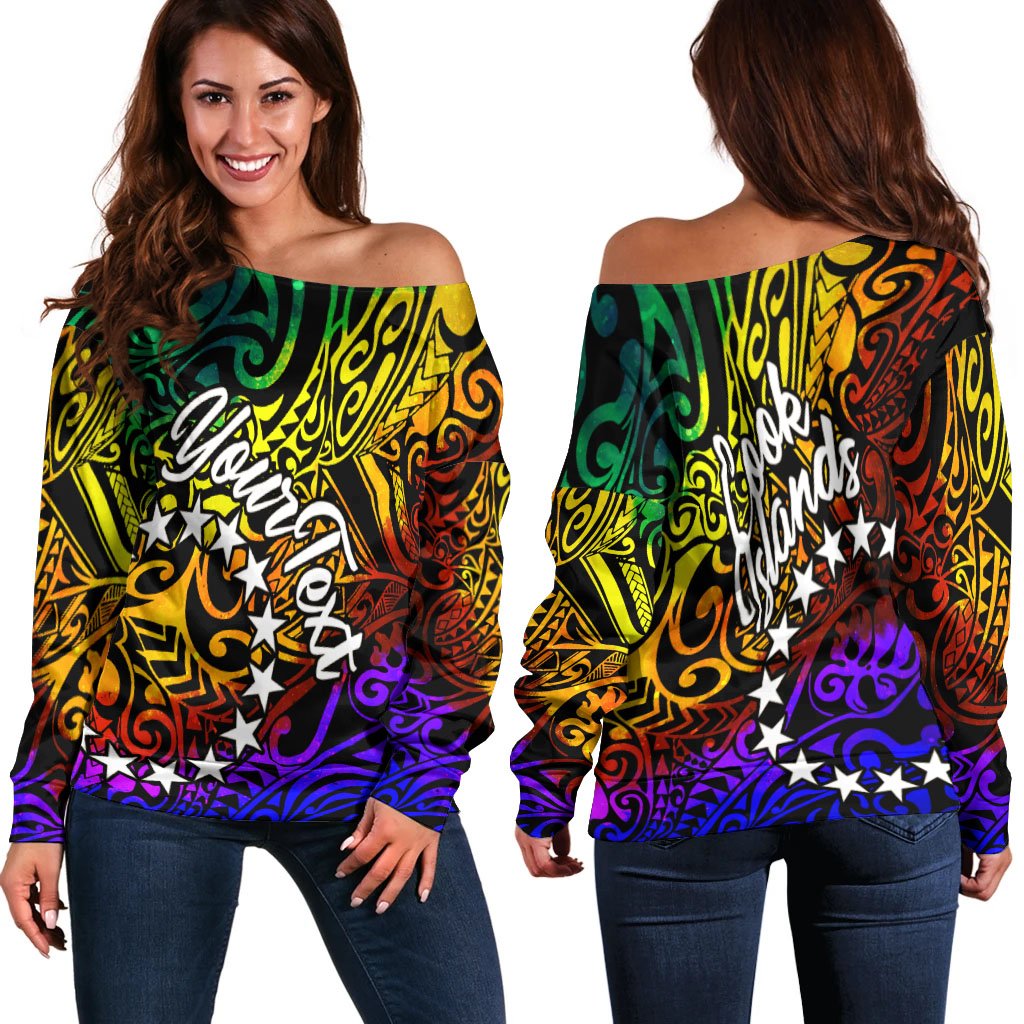 Cook Islands Custom Personalised Women's Off Shoulder Sweater - Rainbow Polynesian Pattern Art - Polynesian Pride