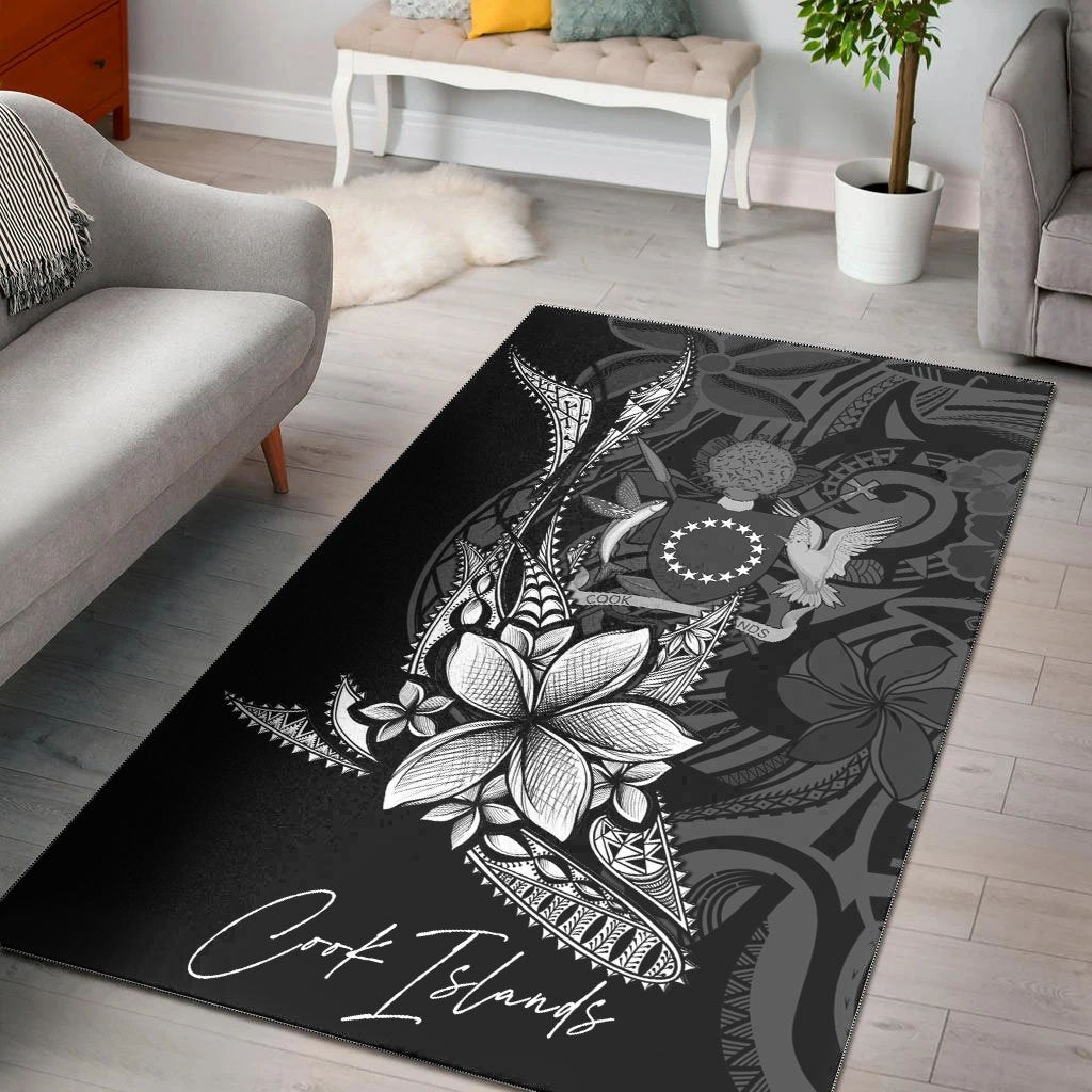 Cook Islands Area Rug - Fish With Plumeria Flowers Style Black - Polynesian Pride