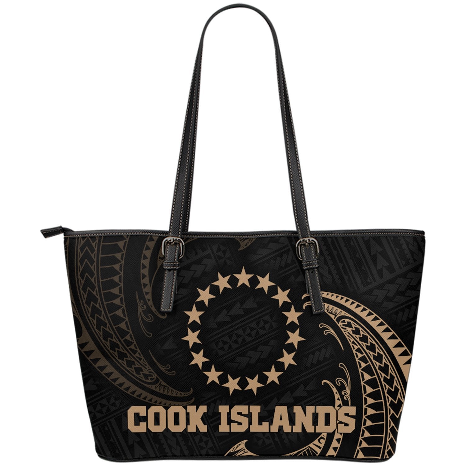 Cook Islands Polynesian Leather Tote Bag - Gold Tribal Wave Black - Polynesian Pride