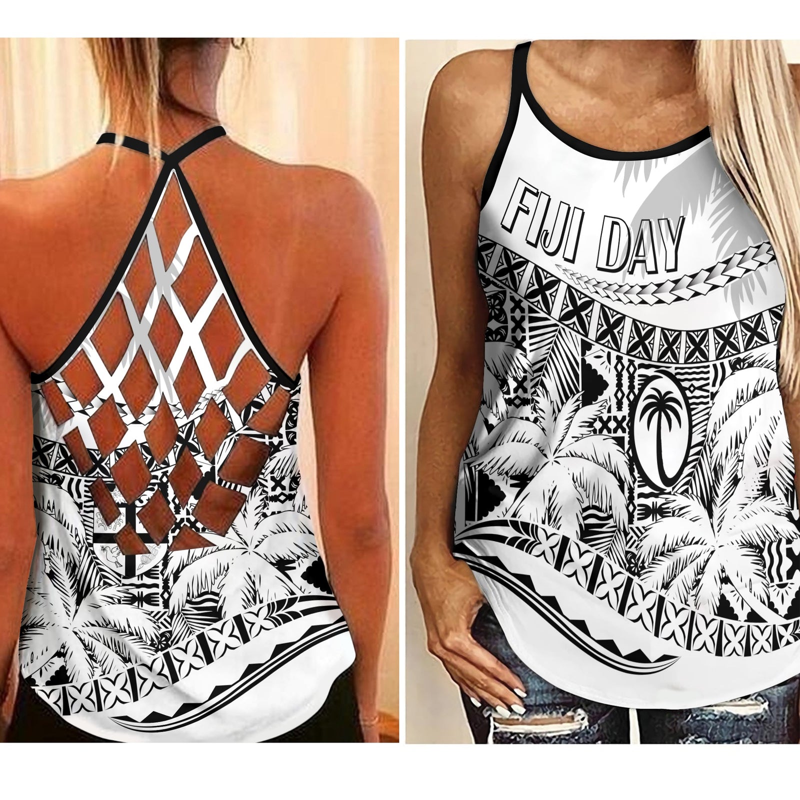 Fiji Day Criss Cross Tank Flying Fijians Masi Kesa Style - White LT7 Female White - Polynesian Pride