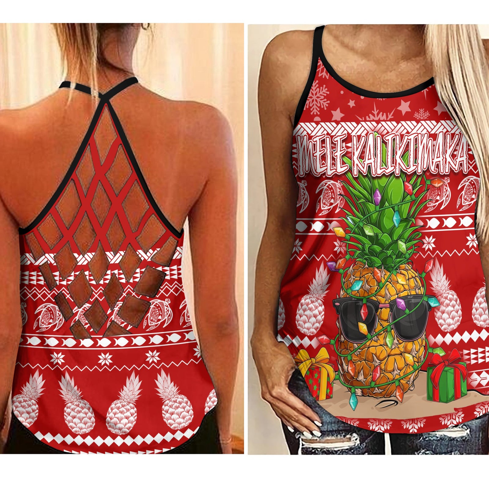 Hawaii Christmas Criss Cross Tank Mele Kalikimaka - Pineapple LT7 Female Red - Polynesian Pride