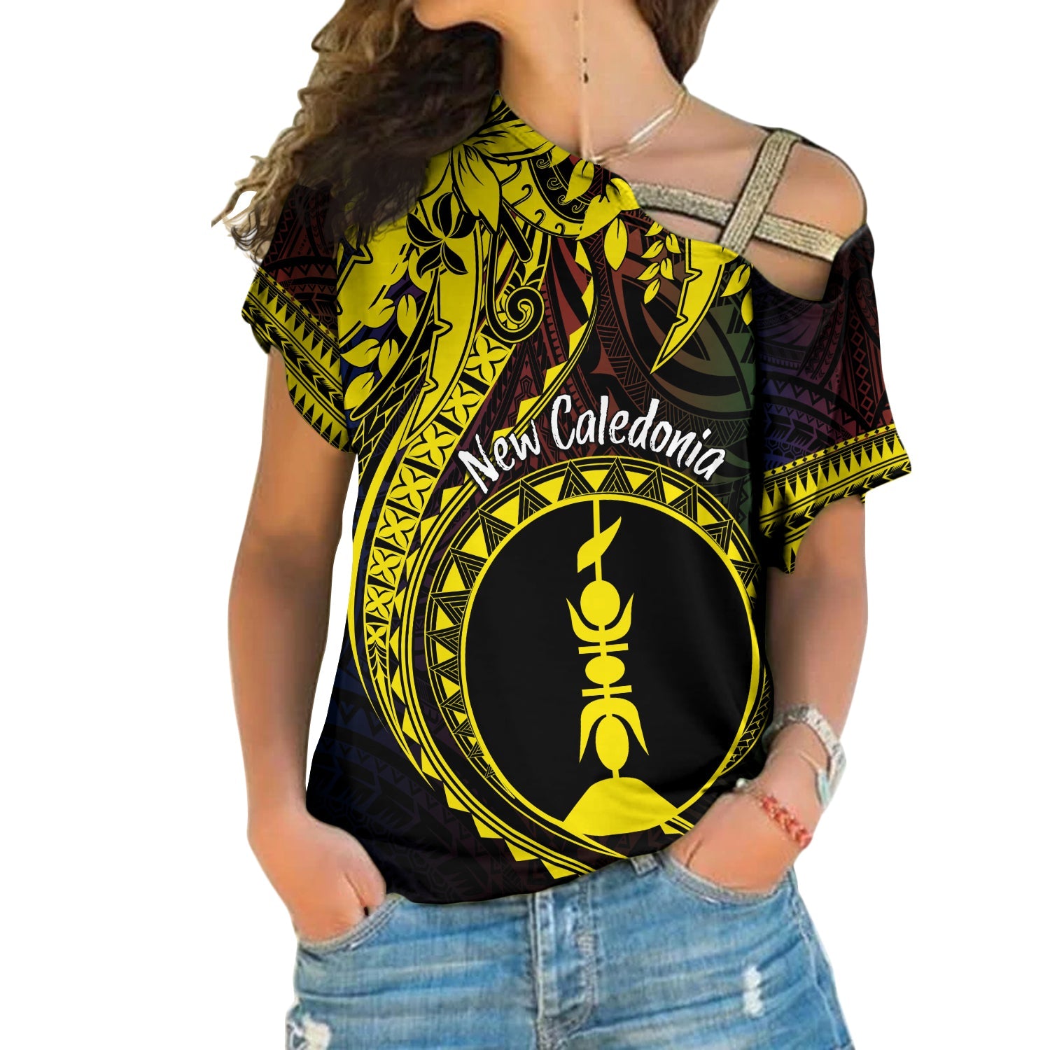 New Caledonia Personalised Cross Shoulder Shirt Kanaky Mix Plumeria LT7 Female Black - Polynesian Pride