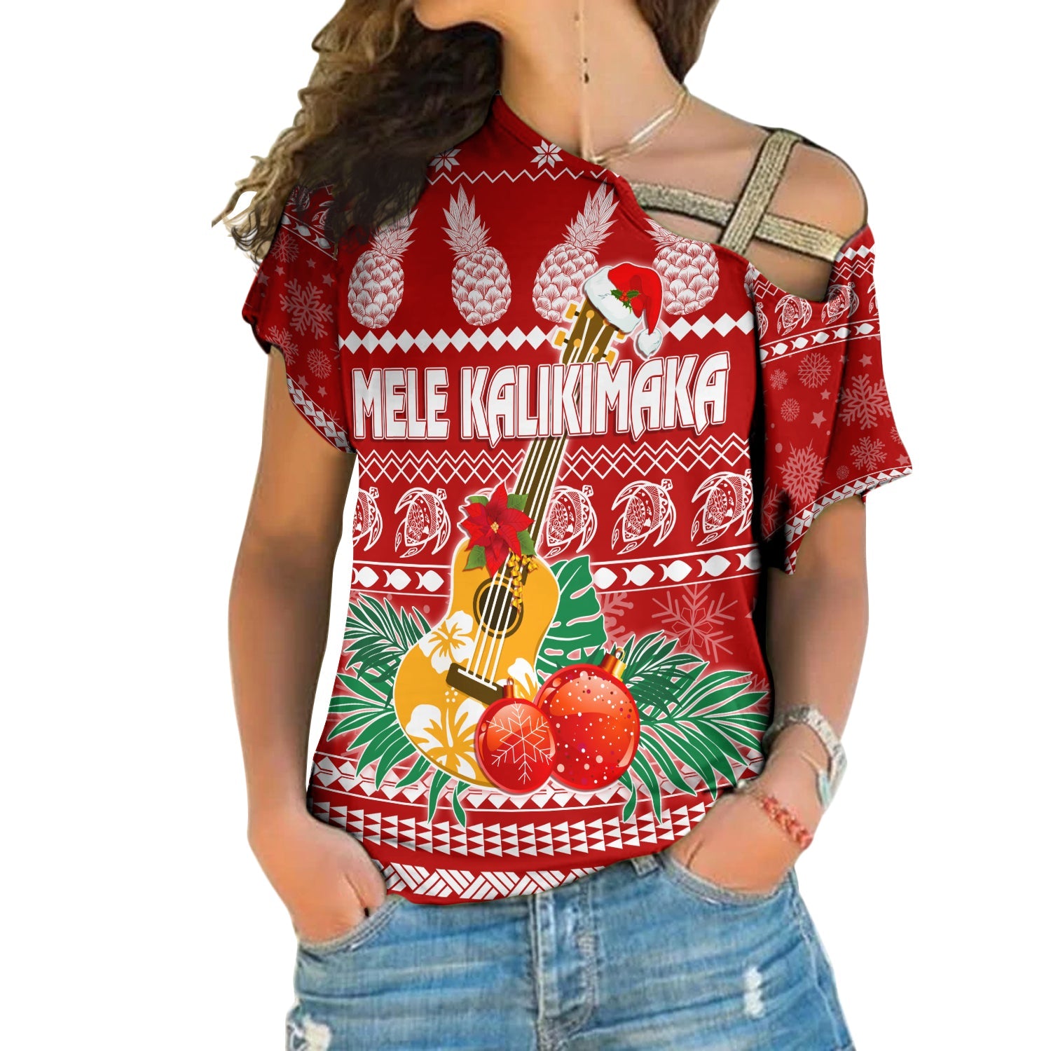 Hawaii Christmas Cross Shoulder Shirt Mele Kalikimaka - Ukulele LT7 Female Red - Polynesian Pride