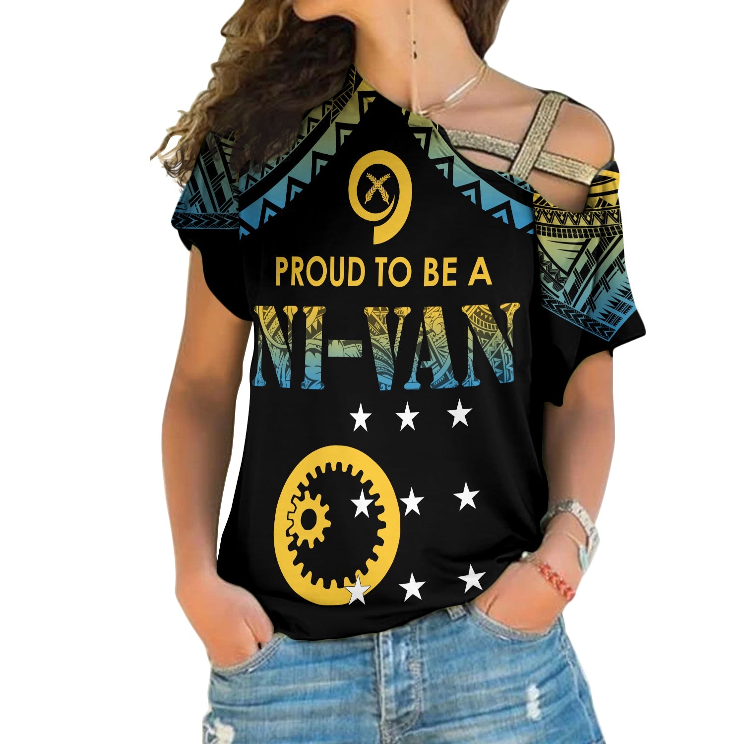Vanuatu Proud To Be A Ni-Van - Polynesian Pattern Cross Shoulder Shirt - Sanma Province LT7 Female Black - Polynesian Pride