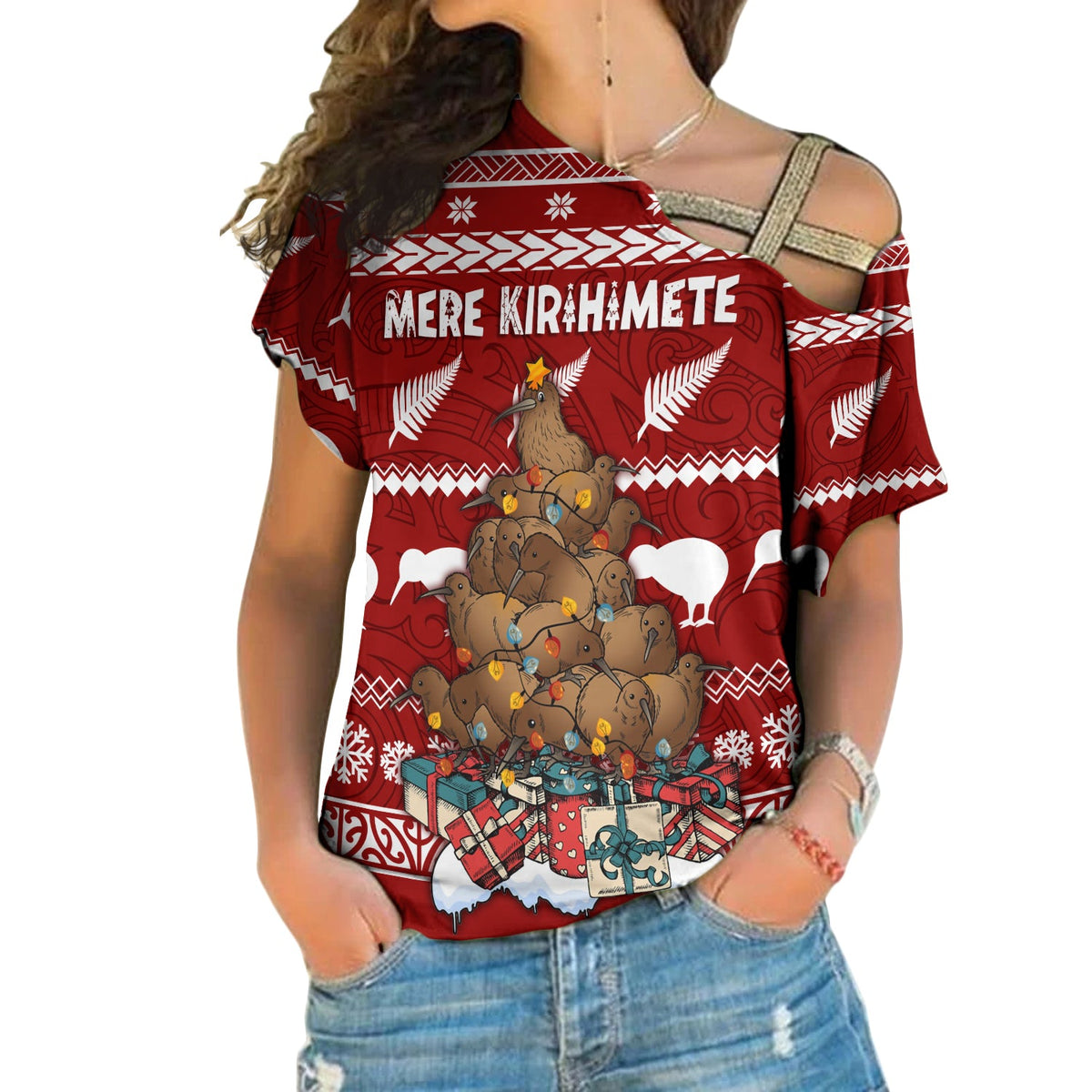 New Zealand Cross Shoulder Shirt Mere Kirihimete - Kiwi Xmas Tree LT7 Female Red - Polynesian Pride