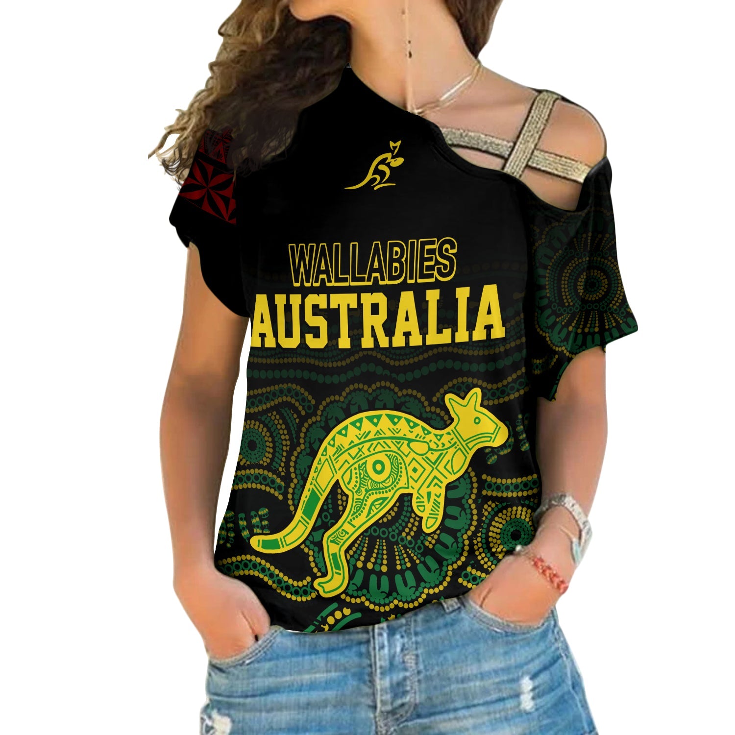 Personalised Aussie Wallabies Mix Mate Maa Tonga Cross Shoulder Shirt Ver 02 LT7 Female Black - Polynesian Pride