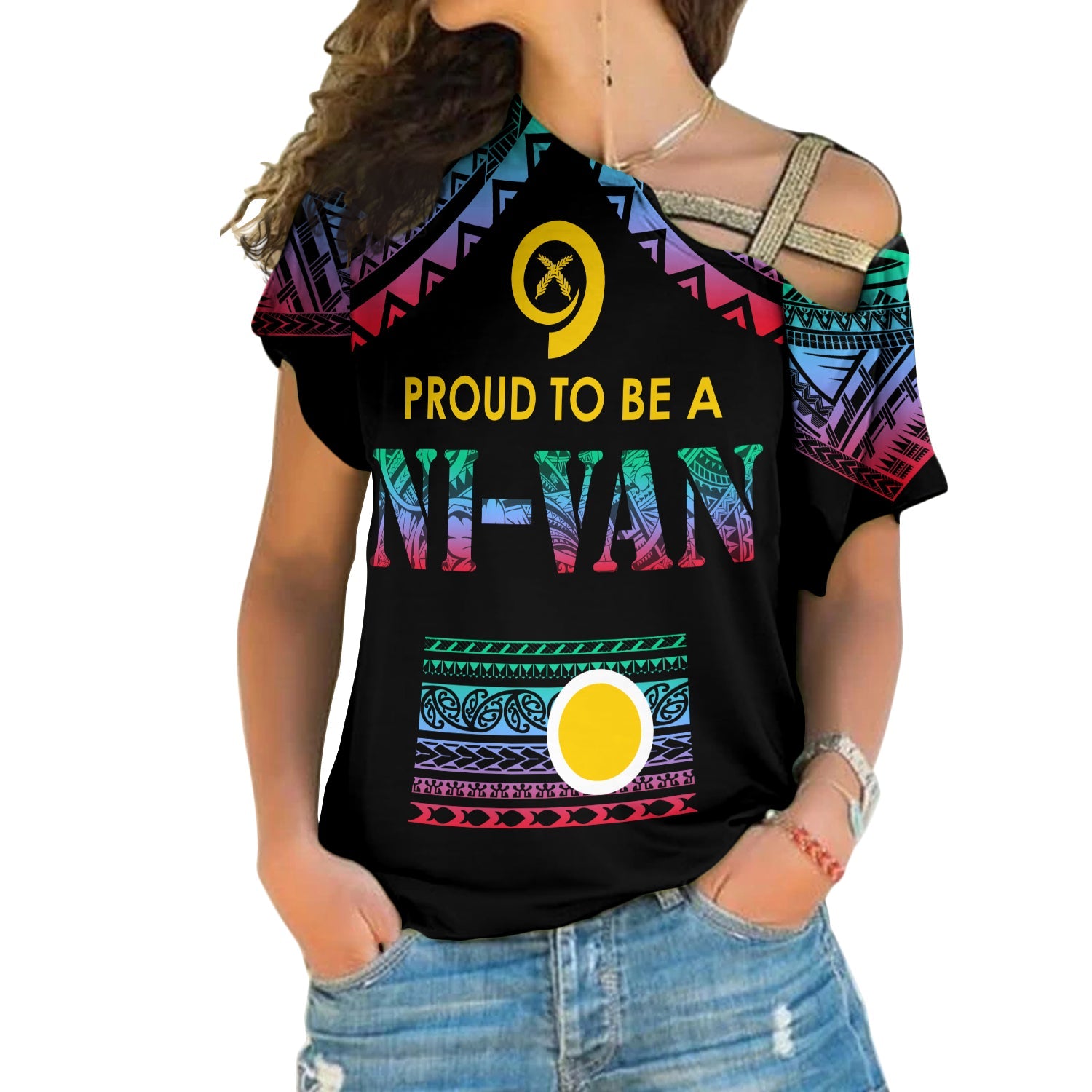 Vanuatu Proud To Be A Ni-Van - Polynesian Pattern Cross Shoulder Shirt - Shefa Province LT7 Female Black - Polynesian Pride
