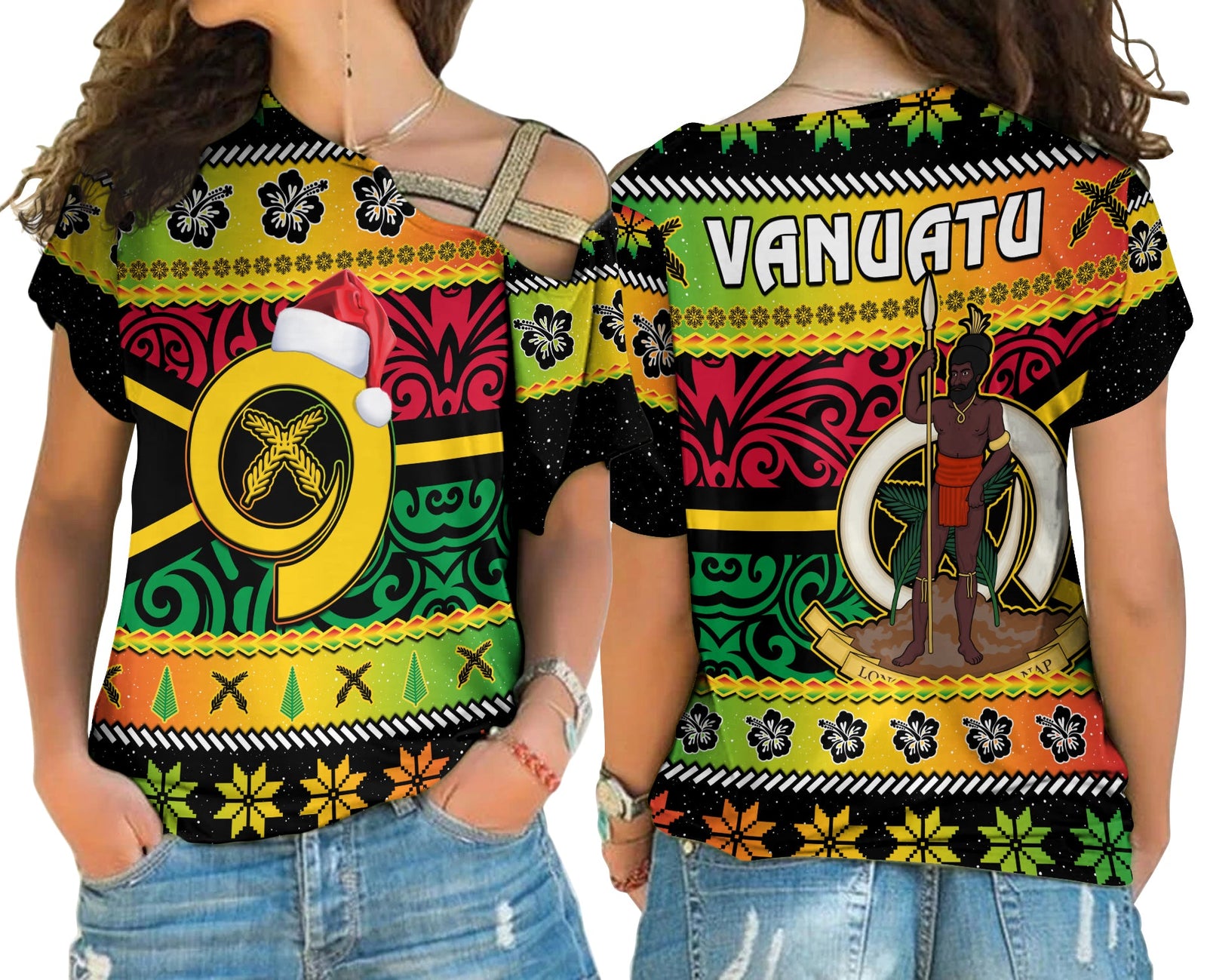 Vanuatu Christmas Cross Shoulder Shirt Pig Tusk Polynesian Joyeux Noel Flag Art LT14 Female Reggae - Polynesian Pride