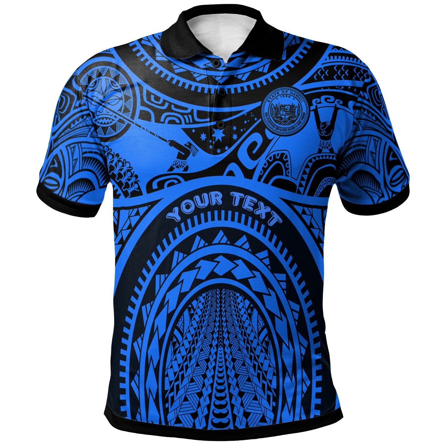 Custom Polynesian Hawaii Polo Hawaii Coat Of Arm and Maui Tattoo, Polynesian Patterns Unisex Blue - Polynesian Pride