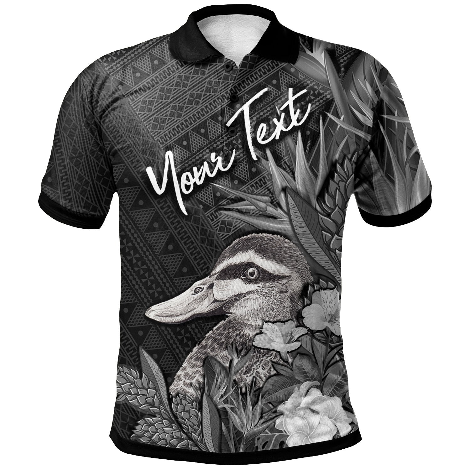 Tonga Polo Shirt Custom Pacific Black Duck With Tropical Flowers Unisex Black - Polynesian Pride