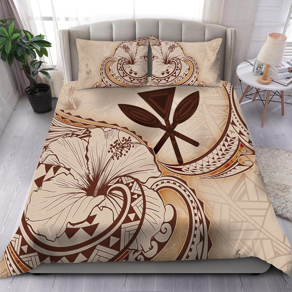 Hawaii Kanaka Maoli Bedding Set - Hibiscus Flower Vintage Style Nude - Polynesian Pride