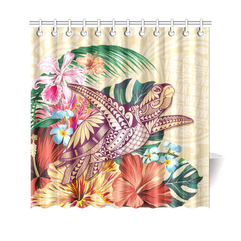 Hawaii Tropical Hibiscus Plumeria Turtle Beige Shower Curtain 177 x 172 (cm) Beige - Polynesian Pride