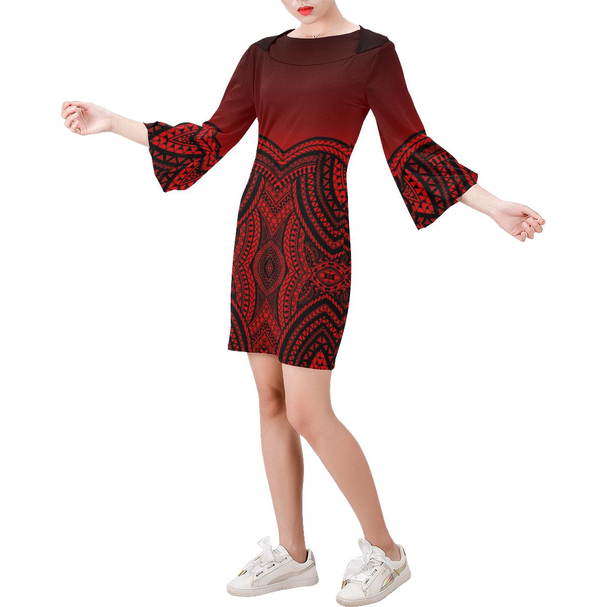 Micronesia Pattern Bell Sleeve Dress - Red Versison Women Red - Polynesian Pride