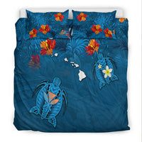 (Custom Personalised) Hawaiian Islands Bedding Set - Hawaii Tropical Flowers and Turtles Blue LT13 - Polynesian Pride