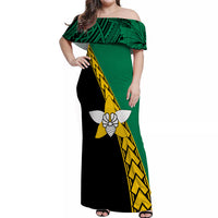 PNG Hibiscus Tribal Pattern Off Shoulder Long Dress - Enga Province LT7 Long Dress Green - Polynesian Pride
