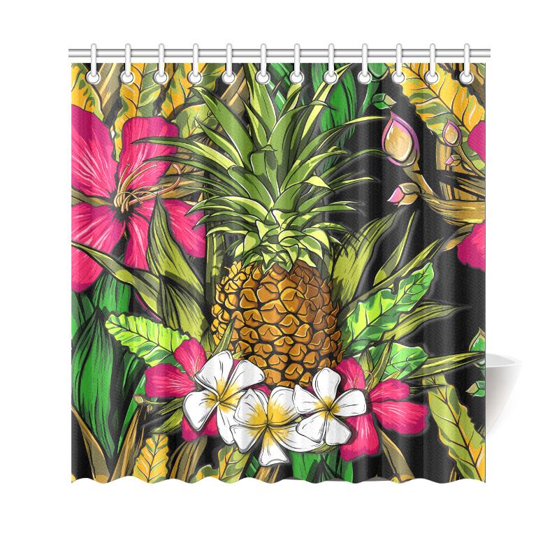 Hawaii Tropical Flowers Pineapple Shower Curtain 177 x 172 (cm) Black - Polynesian Pride