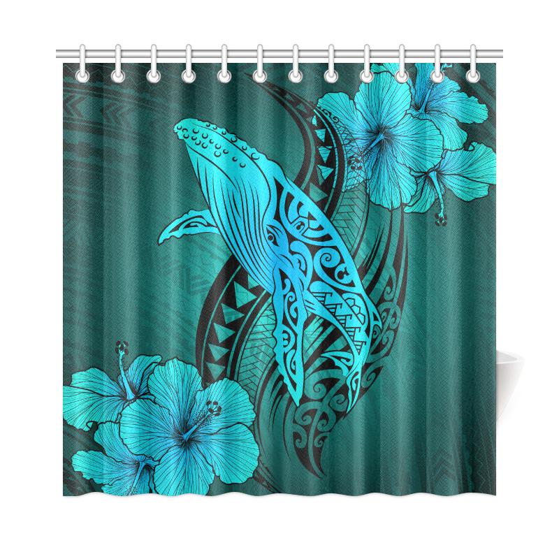 Hawaii Whale Swim Poly Shower Curtain - Turquoise 177 x 172 (cm) Blue - Polynesian Pride