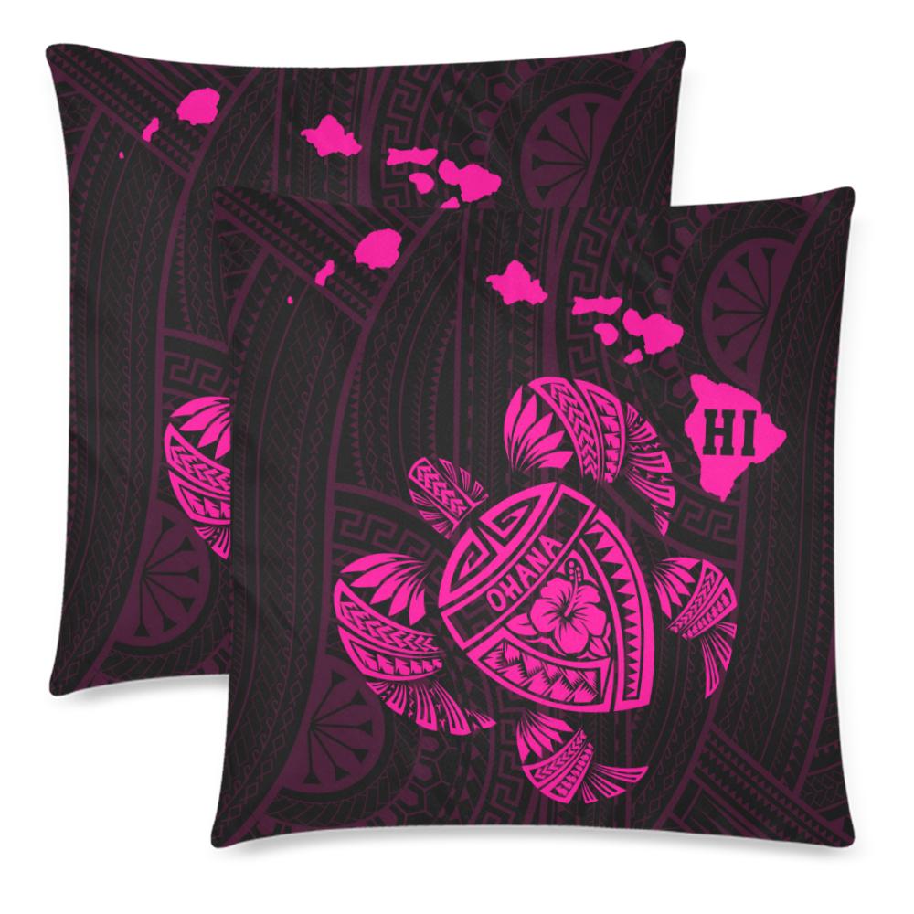 Hawaiian Map Turtle Ohana Hibiscus Kakau Polynesian Pillow Cover - Pink One Size Zippered Pillow Cases 18"x 18" (Twin Sides) (Set of 2) Pink - Polynesian Pride