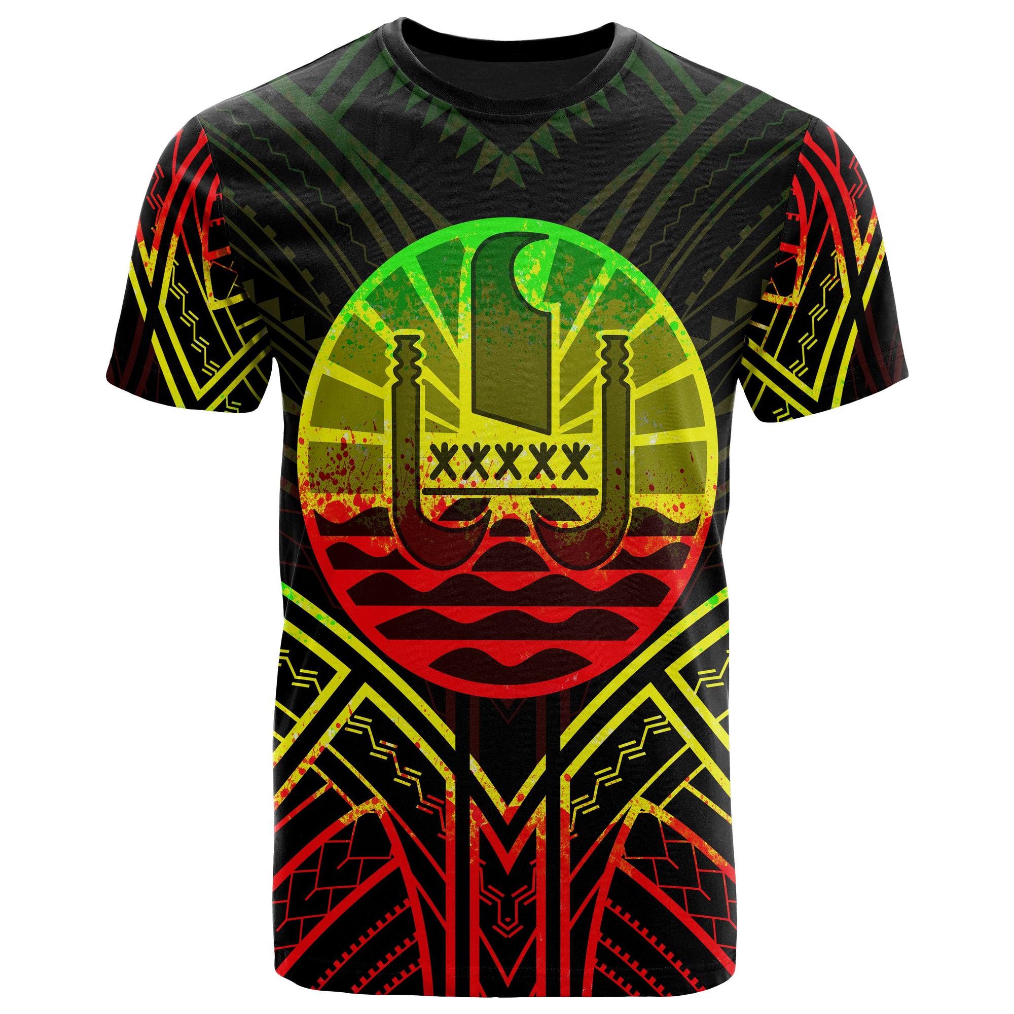 French Polynesia T Shirt National Seal Tribal Reggae Color Patterns Unisex Black - Polynesian Pride