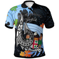 Fiji Polo Shirt Fish Hooks and Wave Black - Polynesian Pride