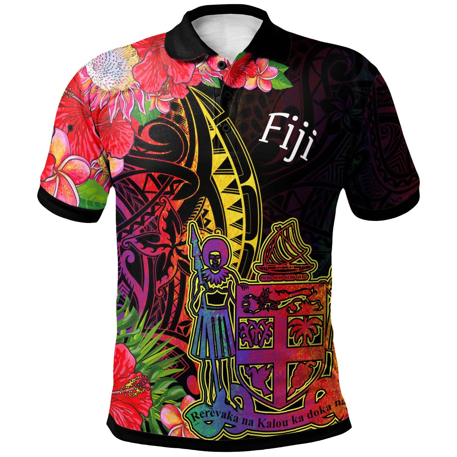 Fiji Polo Shirt Tropical Hippie Style Unisex Black - Polynesian Pride