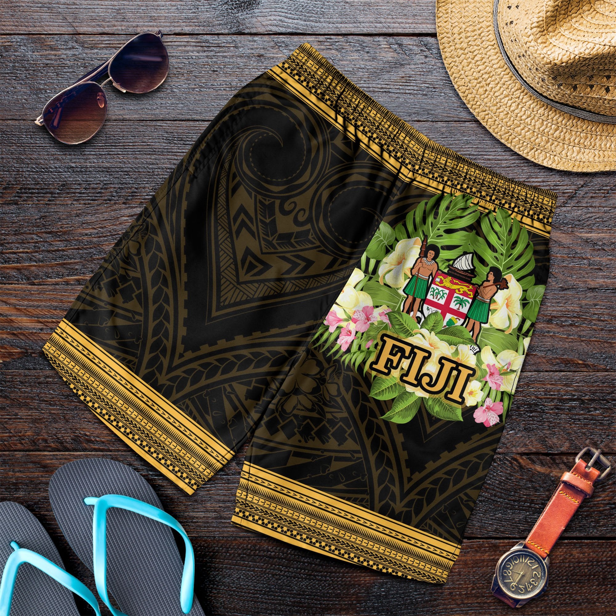 Fiji Men's Shorts - Polynesian Gold Patterns Collection Black - Polynesian Pride