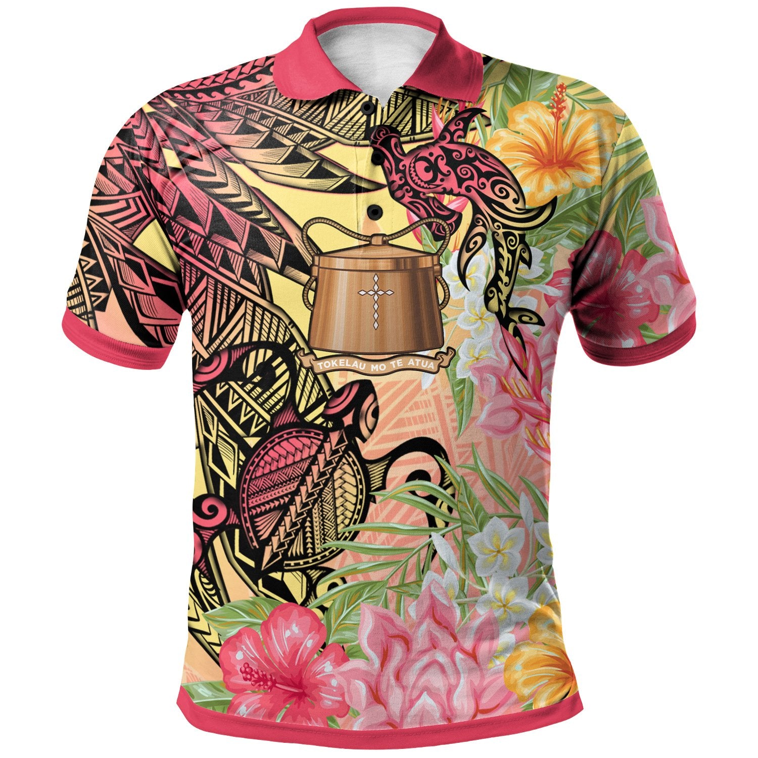 Tokelau Polo Shirt Flowers Tropical With Sea Animals Unisex Pink - Polynesian Pride