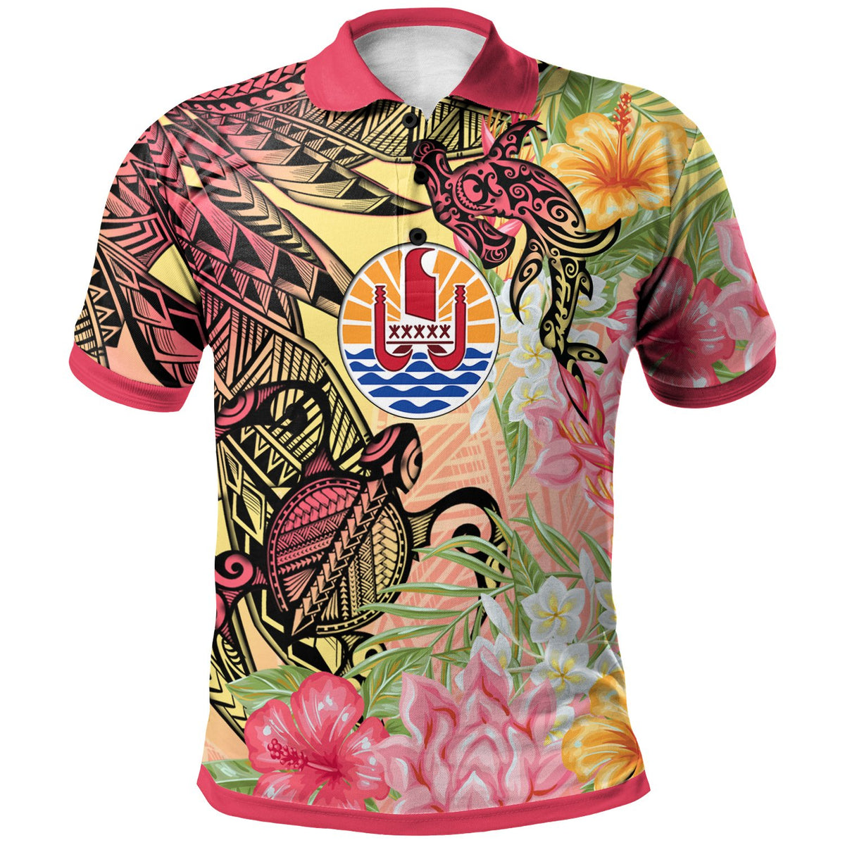 French Polynesia Polo Shirt Flowers Tropical With Sea Animals Pink - Polynesian Pride