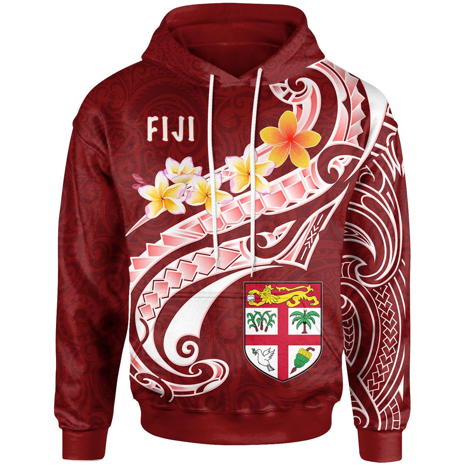 Fiji Hoodie Fiji Seal Polynesian Patterns Plumeria (Red) Unisex Red - Polynesian Pride