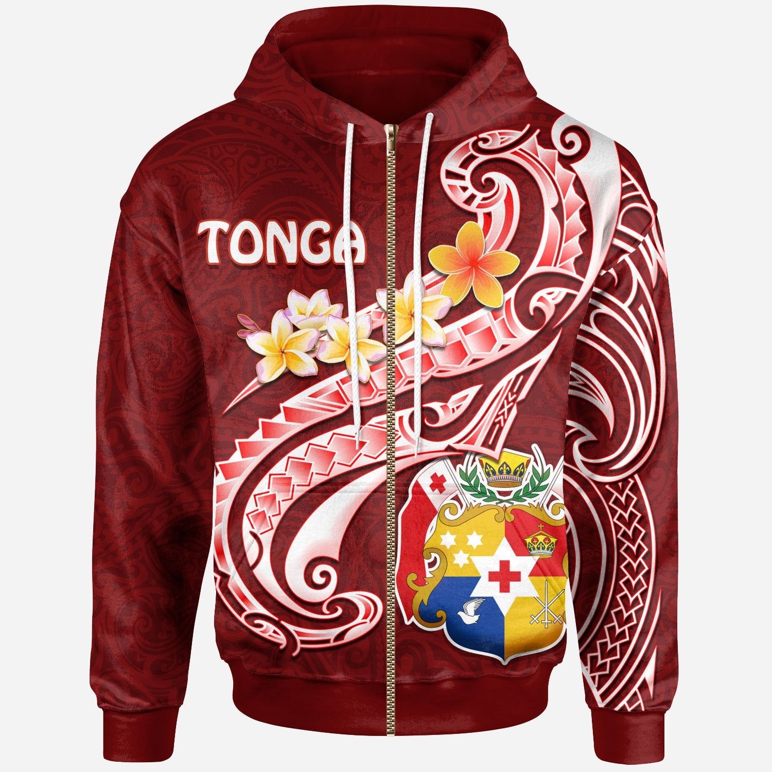 Tonga Zip up Hoodie Tonga Coat of Arms With Polynesian Patterns Unisex Red - Polynesian Pride