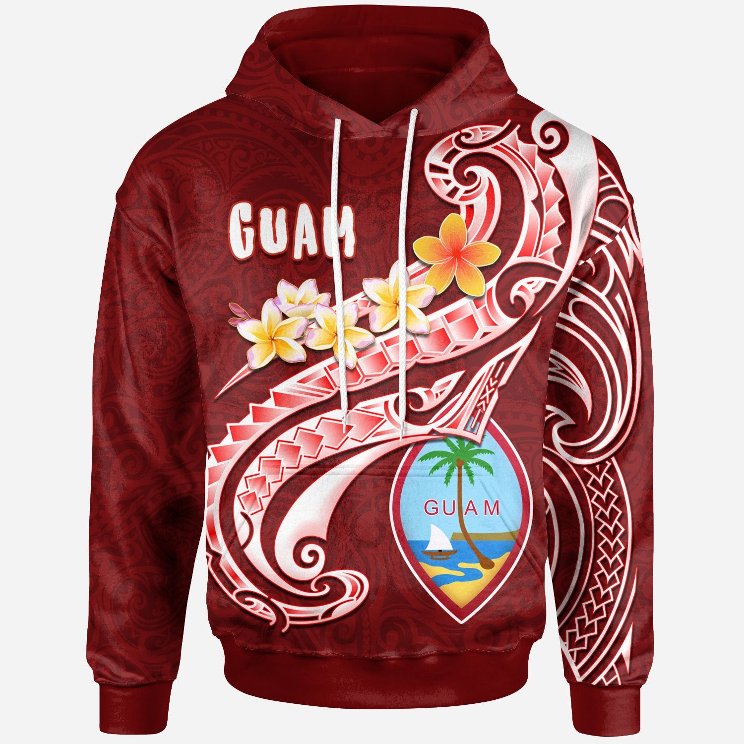 Guam Hoodie Guam Seal Polynesian Patterns Plumeria (Red) Unisex Red - Polynesian Pride