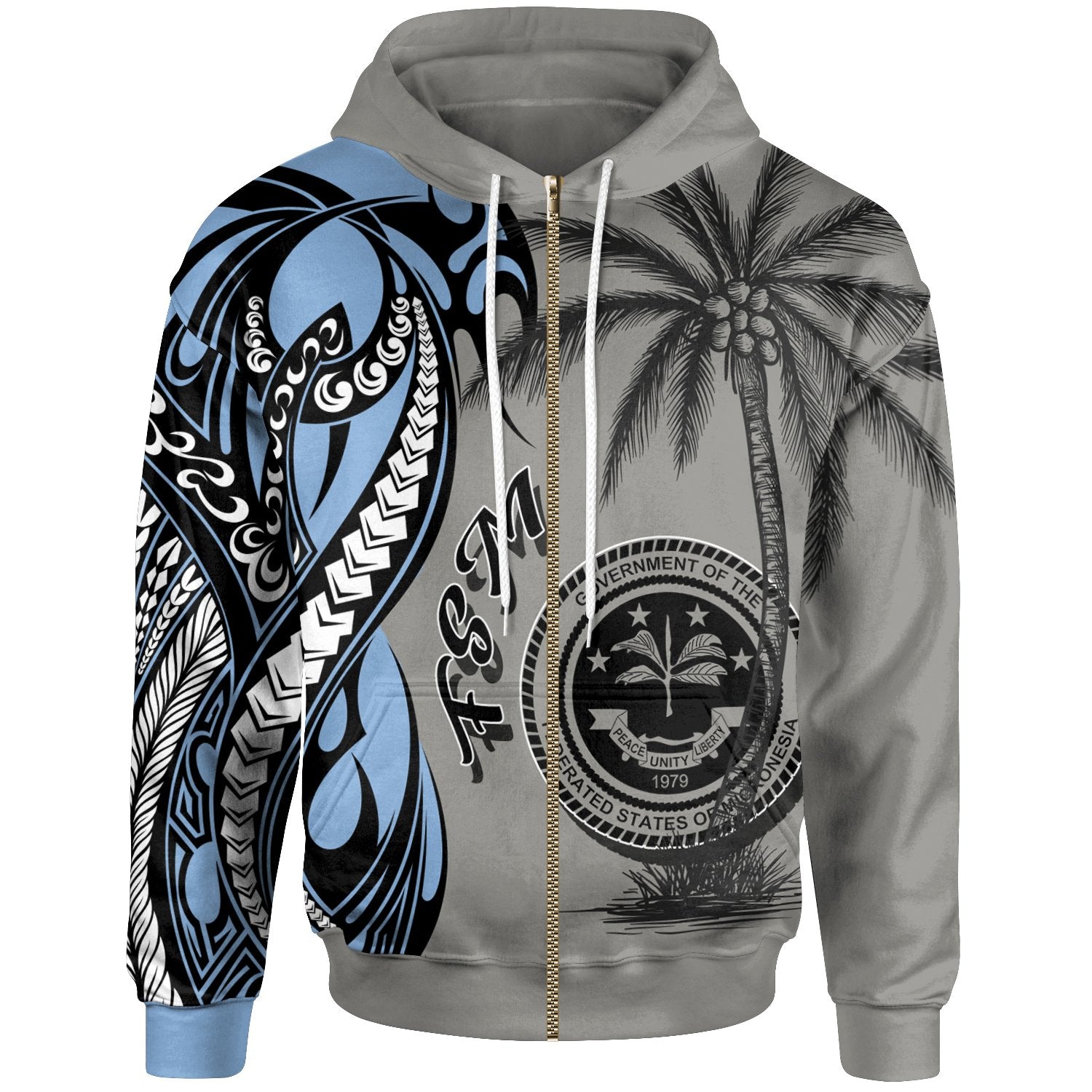 Federated States of Micronesia Zip up Hoodie Classical Coconut Tree Unisex Gray - Polynesian Pride