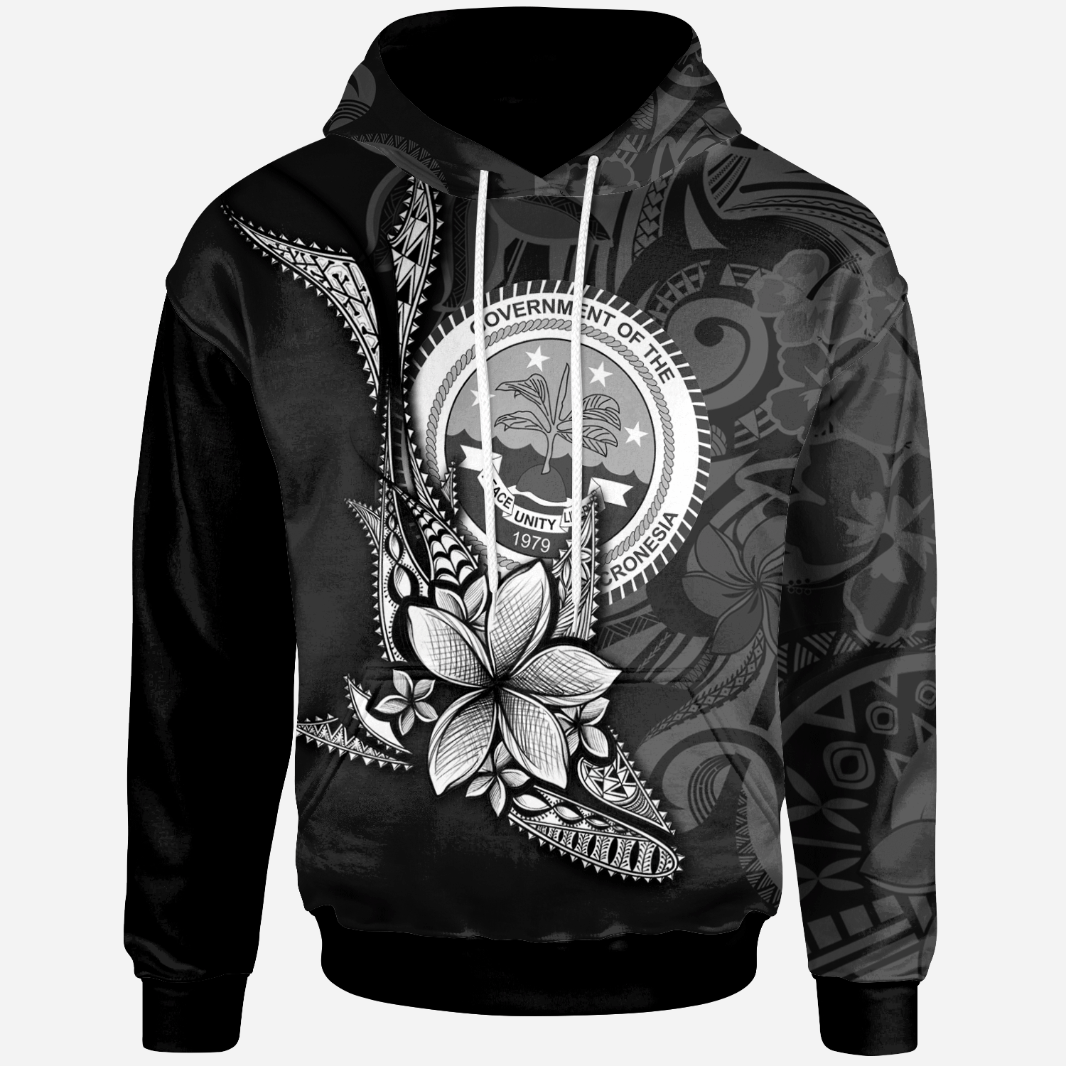 Federated States of Micronesia Custom Hoodie Fish With Plumeria Flowers Style Unisex Black - Polynesian Pride