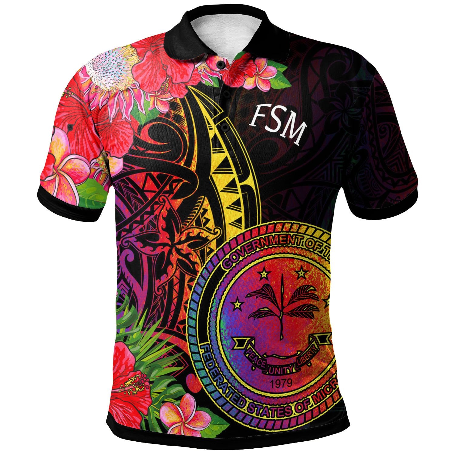 Federated States of Micronesia Polo Shirt Tropical Hippie Style Unisex Black - Polynesian Pride