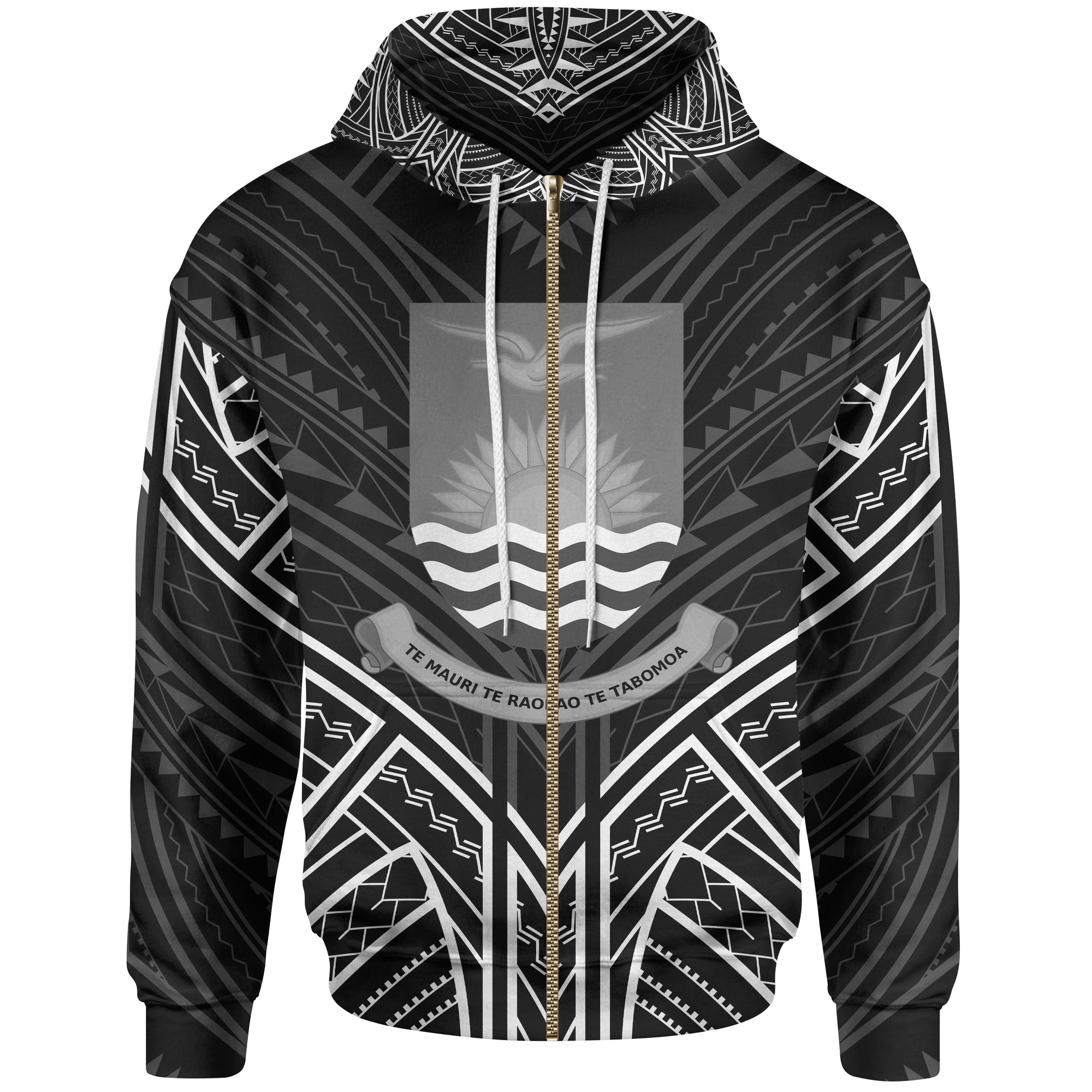 Kiribati Zip Hoodie Kiribati Seal Black Tribal Patterns Unisex White - Polynesian Pride