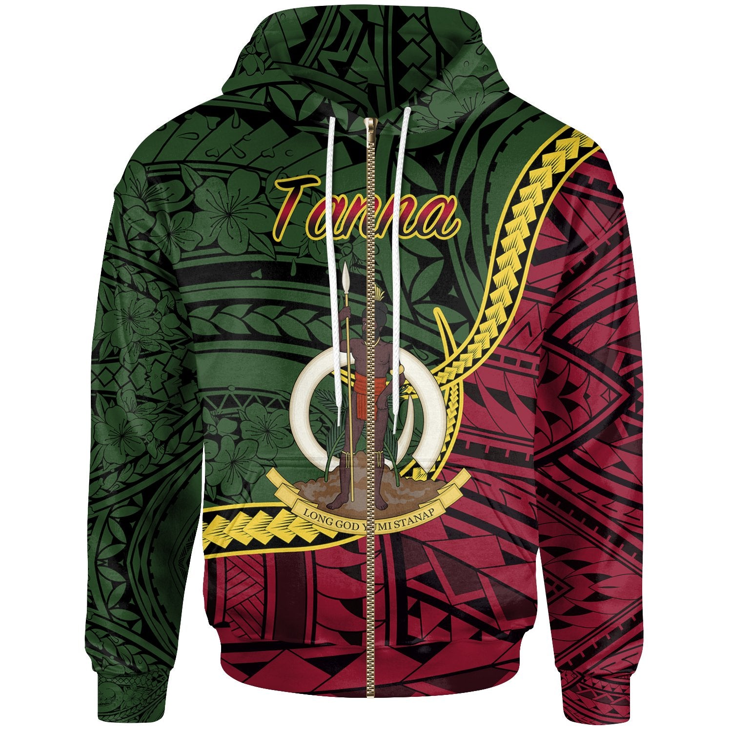 Vanuatu Zip Hoodie Tanna Seal of Vanuatu Polynesian Patterns Unisex Green - Polynesian Pride