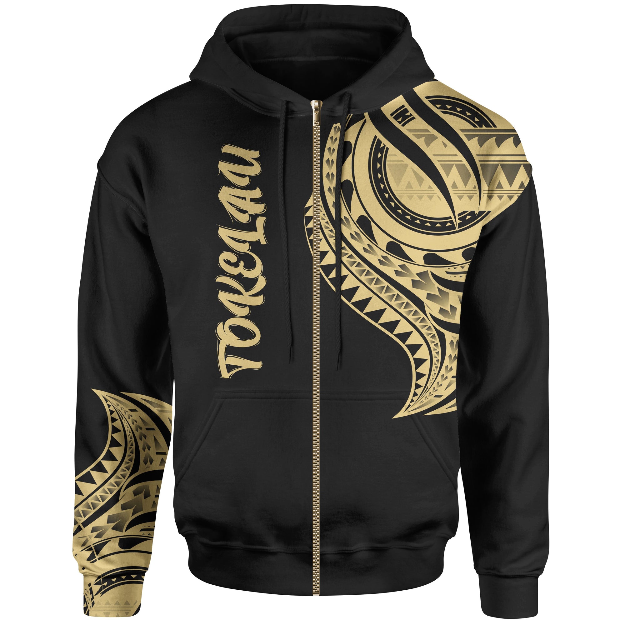 Tokelau Zip Hoodie Tokelau Tatau Gold Patterns Unisex Black - Polynesian Pride