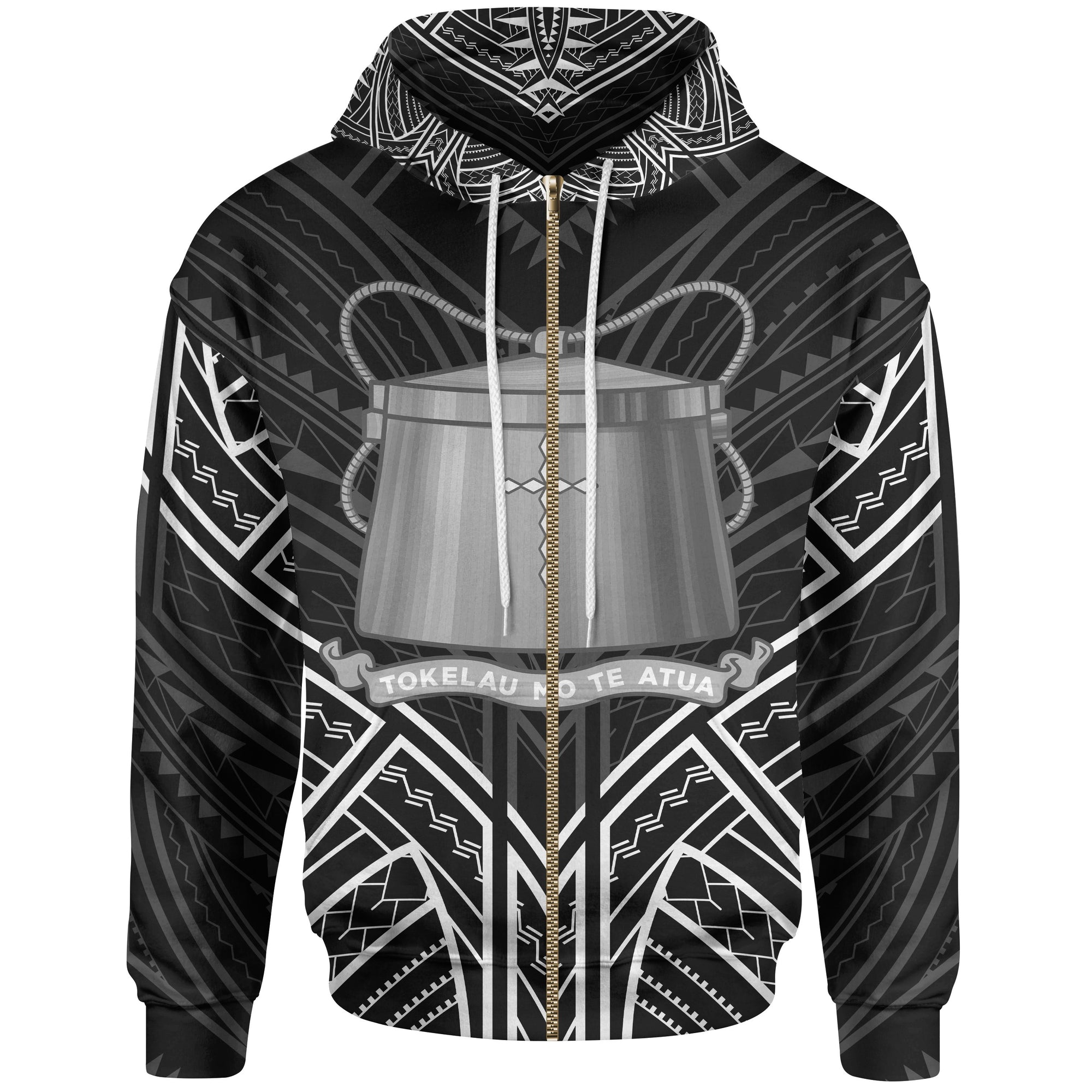 Tokelau Zip Hoodie Tokelau Seal Black Tribal Patterns Unisex White - Polynesian Pride