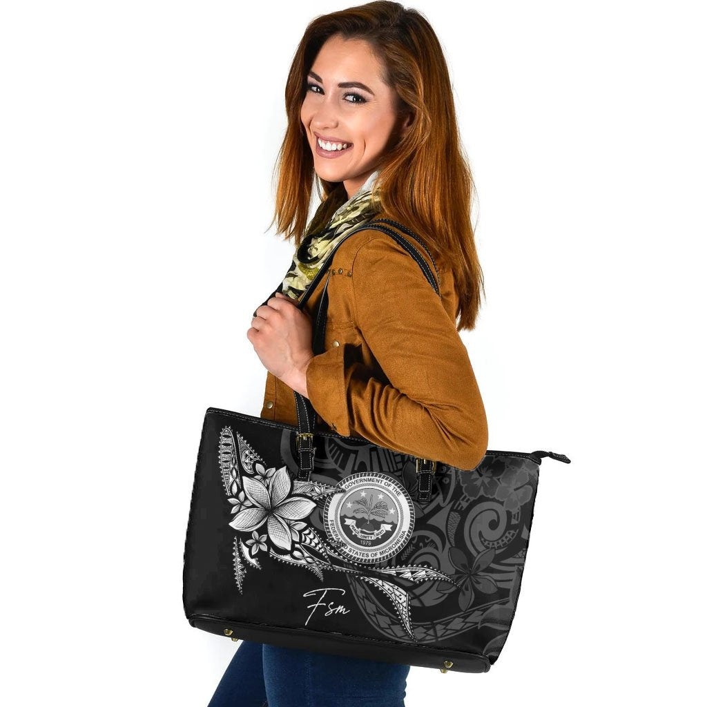 Federated States of Micronesia Leather Tote - Fish With Plumeria Flowers Style Black - Polynesian Pride