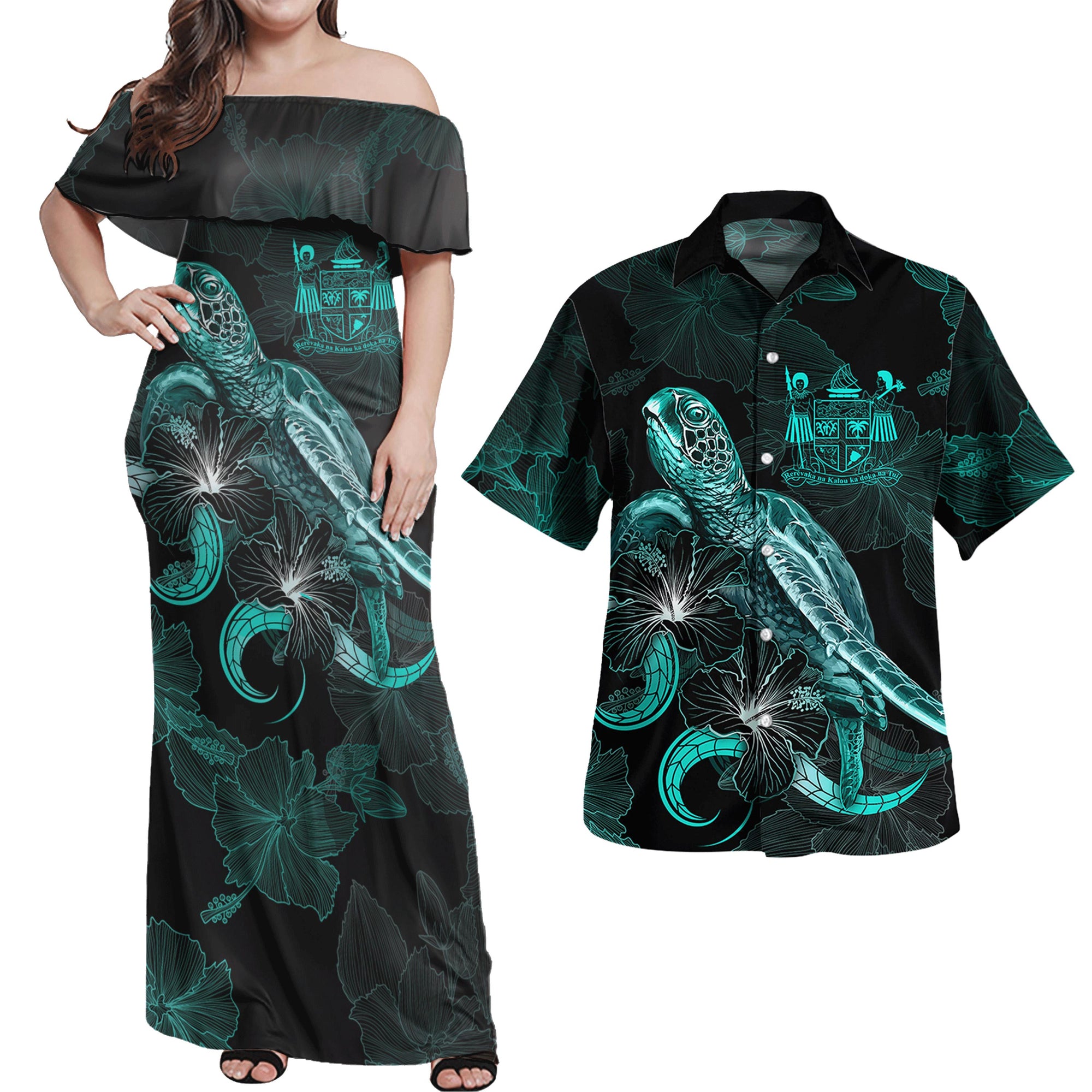 Polynesian Matching Hawaiian Shirt and Dress Fiji Coat Of Arms with Tribal Turtle and Blooming Hibiscus Turquoise Turquoise - Polynesian Pride